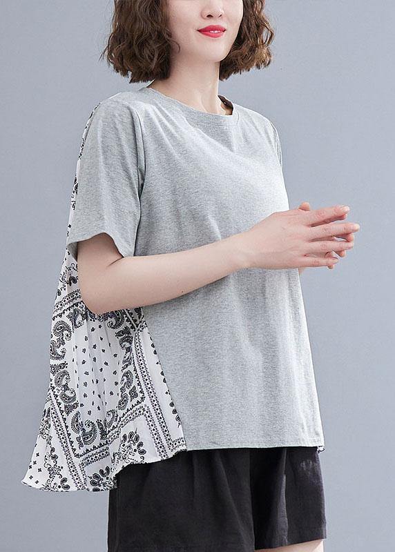 Style Grey Patchwork Print Half Sleeve Cotton Summer Tee