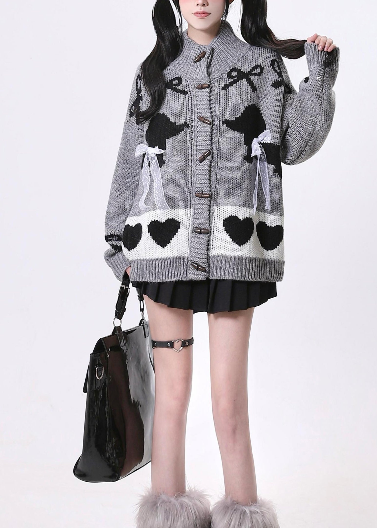 Style Grey Stand Collar Lace Bow Knit Loose Cardigans Spring