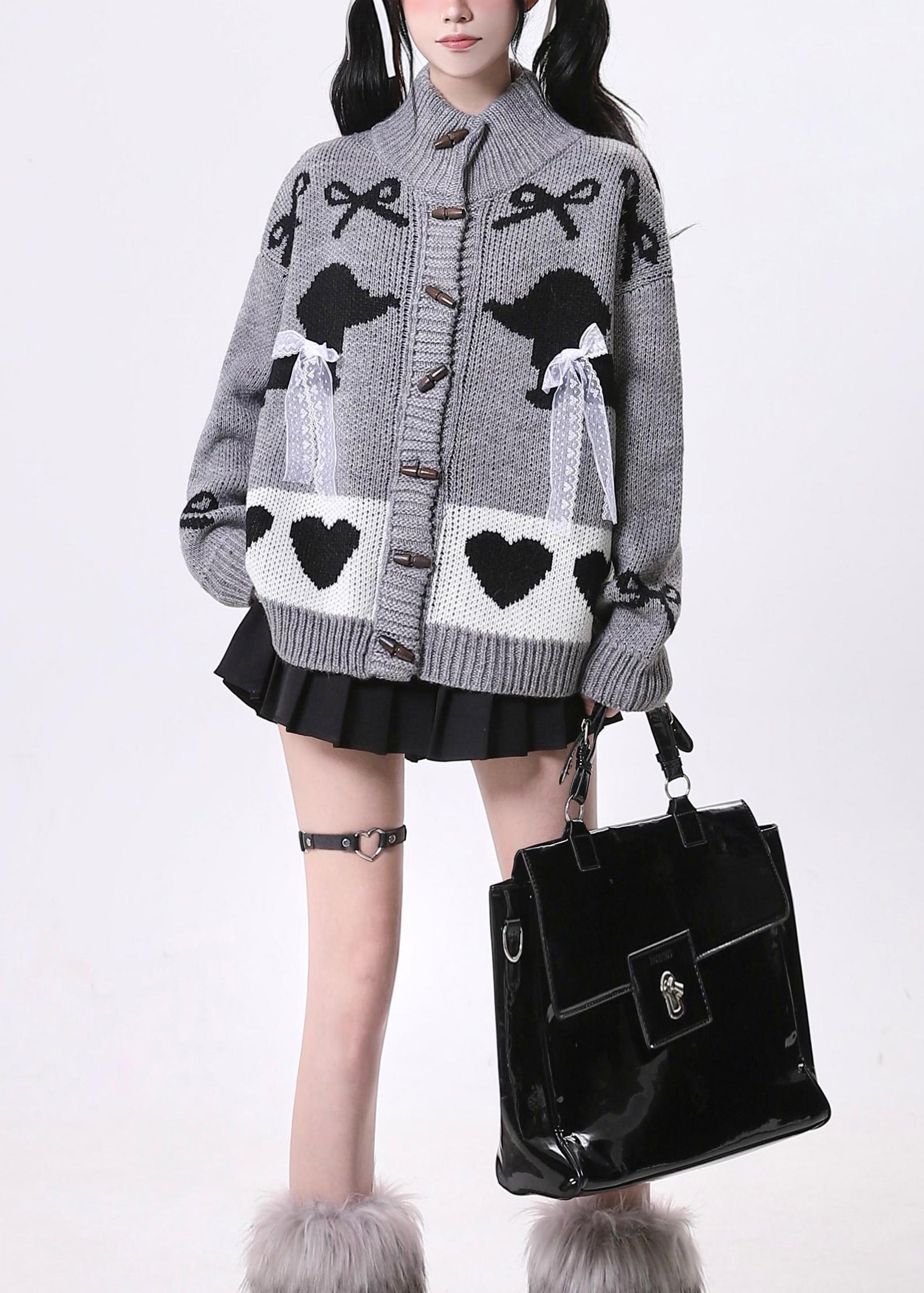 Style Grey Stand Collar Lace Bow Knit Loose Cardigans Spring