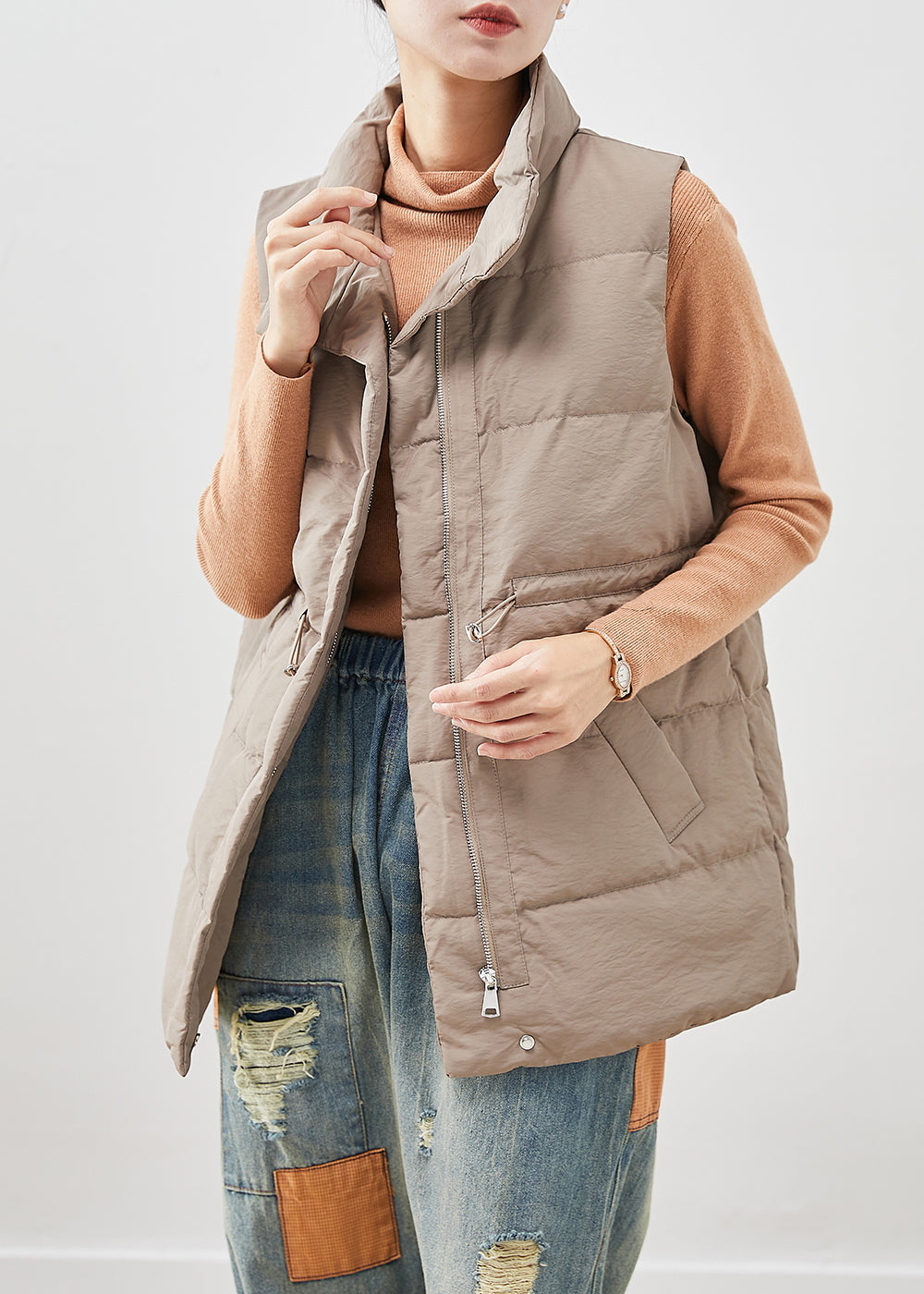 Style Khaki Cinched Thick Duck Down Vests Winter