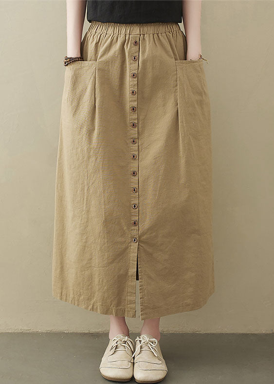 Style Khaki Elastic Waist Buttons Cotton A Line Skirt Summer