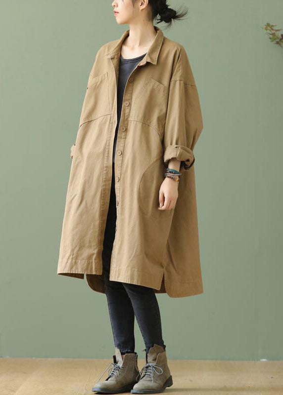 Style Khaki PeterPan Collar Pockets Button low high design Fall Long sleeve Trench Coat