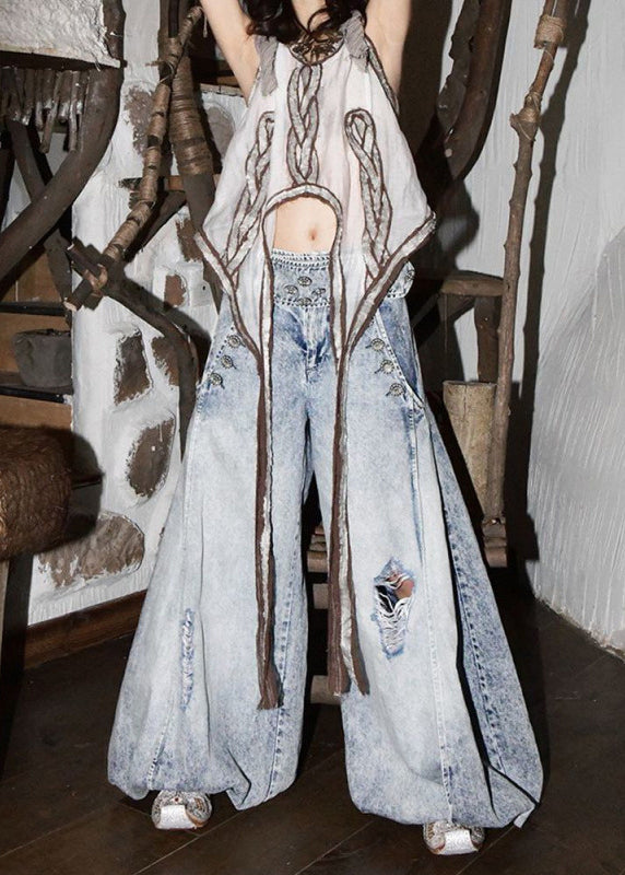 Style Light Blue High Waist Denim Ripped Wide Leg Pants Spring