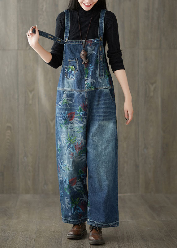 Style Navy Patchwork Print Denim Wide Leg Jumpsuit Spring