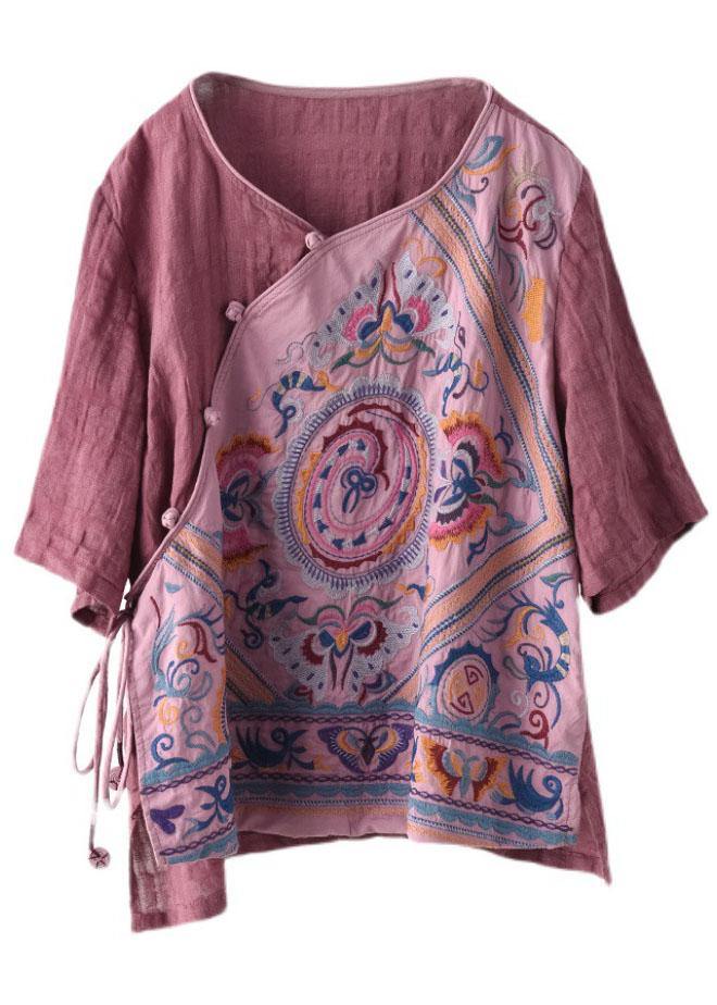 Style Pink Print Side Open tie Summer Linen Blouses Half Sleeve