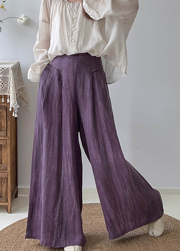 Style Purple High Waist Tie Dye Linen Wide Leg Pants Trousers Fall