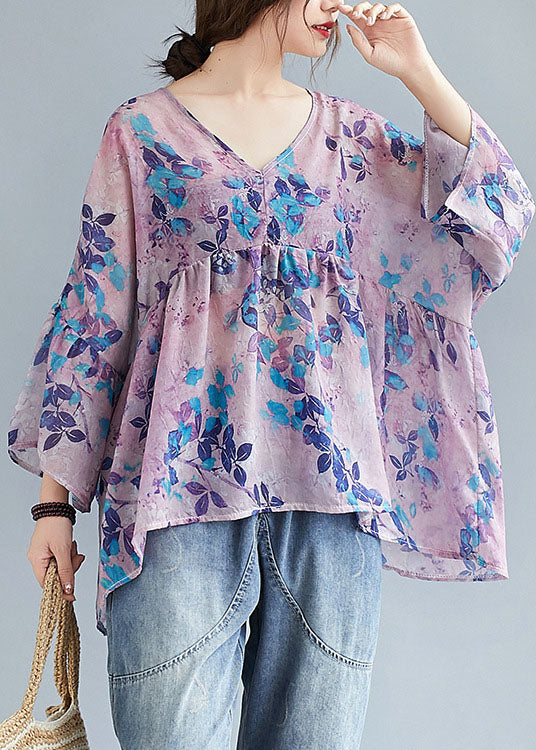 Style Purple V Neck Patchwork Print Fall Tops Three Quarter Sleeve