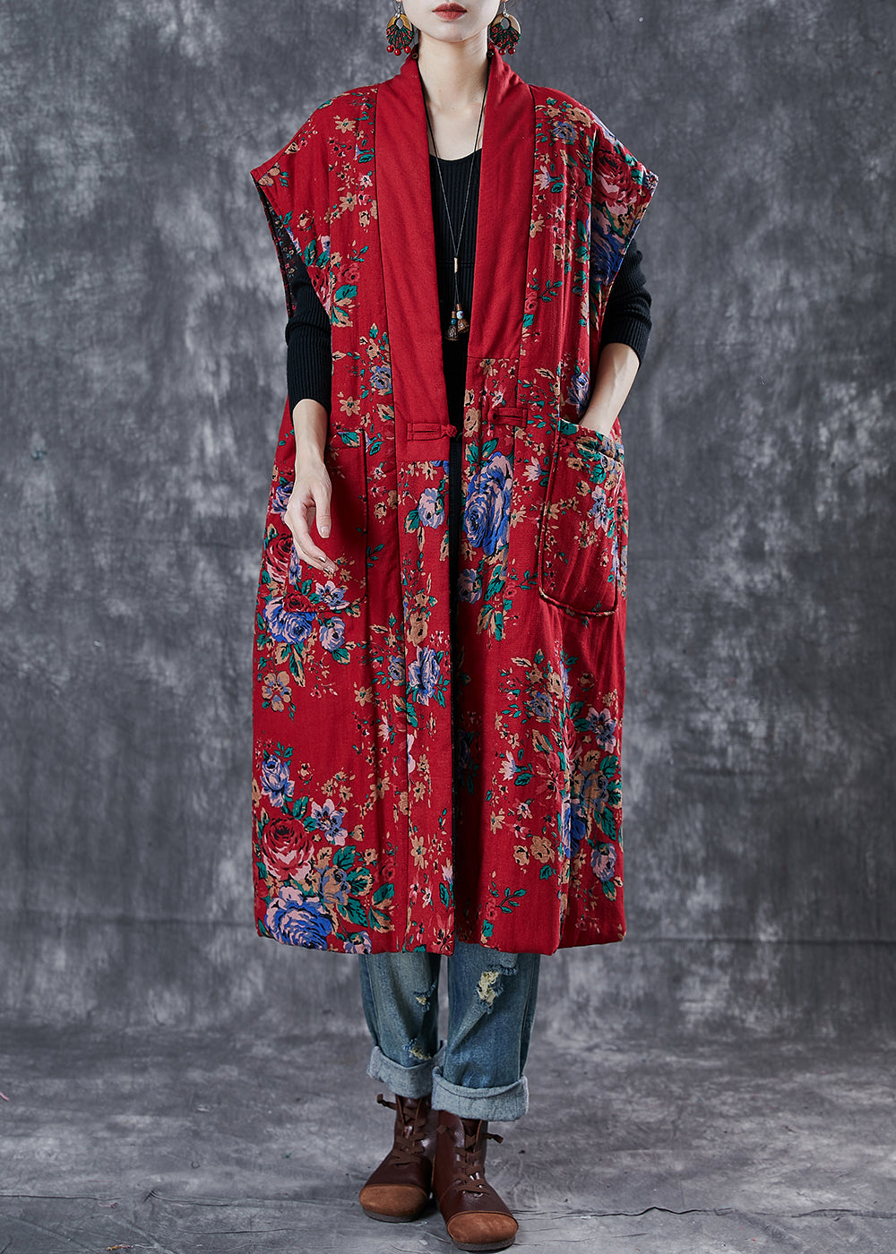 Style Red Oversized Print Fine Cotton Filled Loose Cardigan Winter