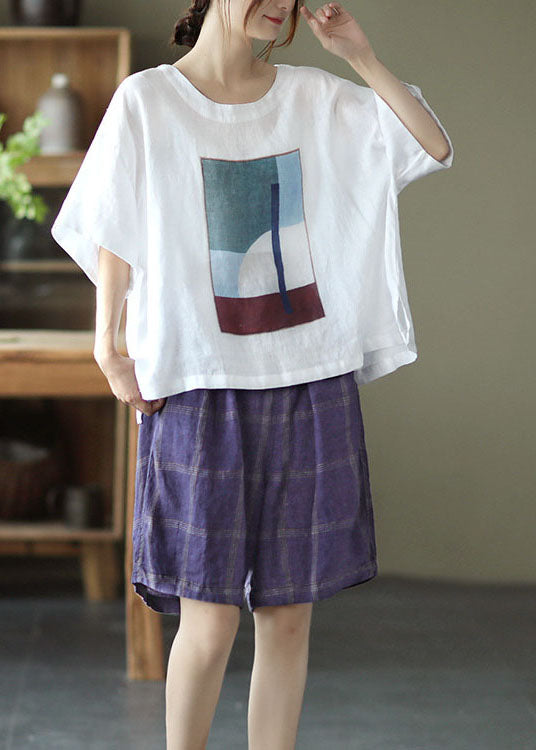 Style White O-Neck Oversized Print Linen Tank Tops Short Sleeve