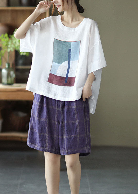 Style White O-Neck Oversized Print Linen Tank Tops Short Sleeve