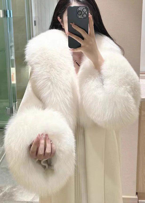 Style White Tie Waist Fur Collar Patchwork Woolen Coats Winter