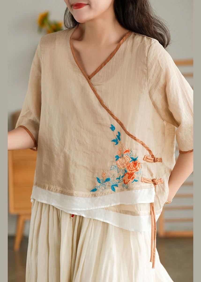 Style Yellow Embroideried Asymmetrical design Ramie Summer Blouses