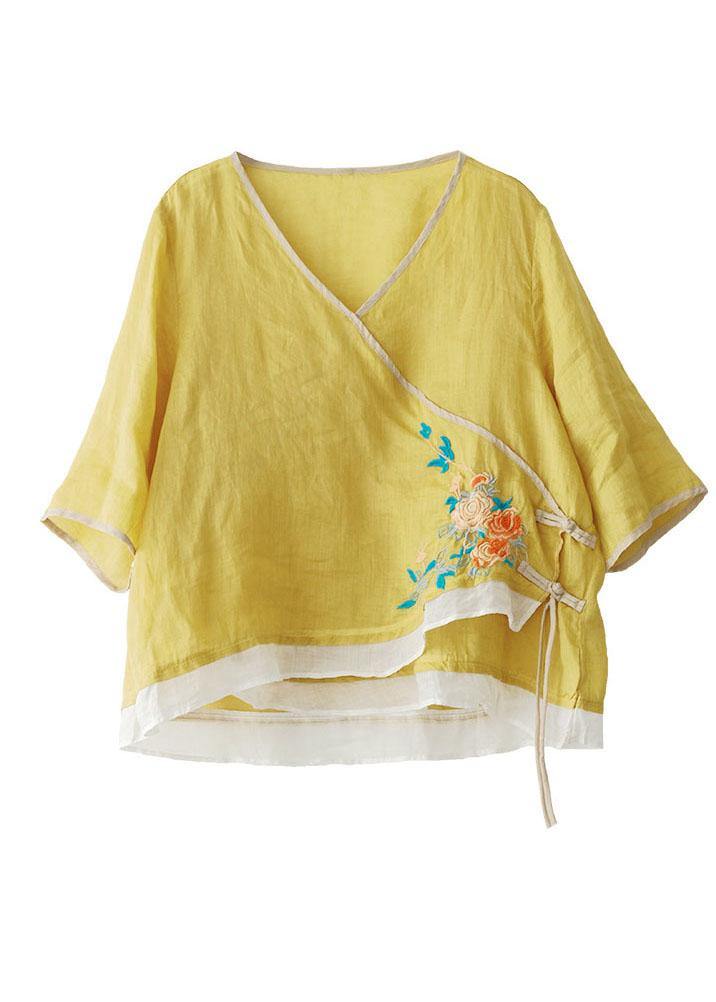 Style Yellow Embroideried Asymmetrical design Ramie Summer Blouses