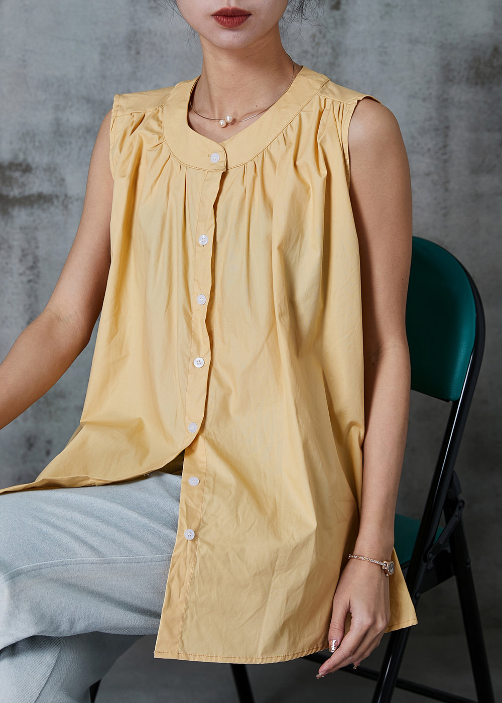 Style Yellow Oversized Cotton A Line Shirt Sleeveless