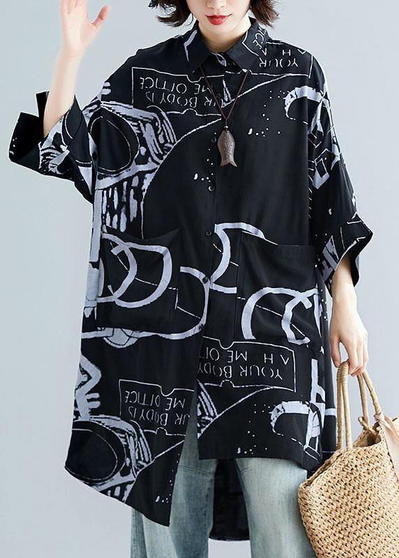 Style black prints cotton clothes For Women lapel collar Dresses summer tops