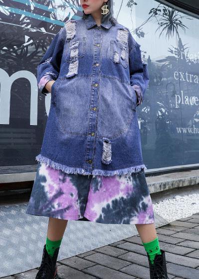 Style denim blue patchwork Fine tunics for women Fabrics ripped fall jackets