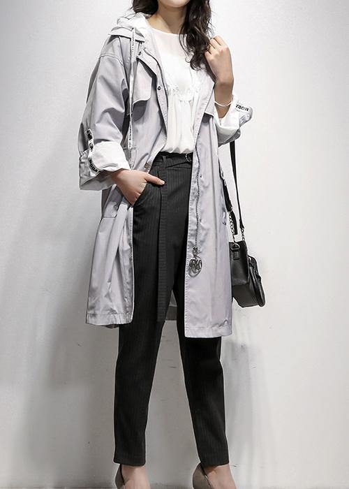 Style gray Fashion tunic coat Work Outfits hooded drawstring coat