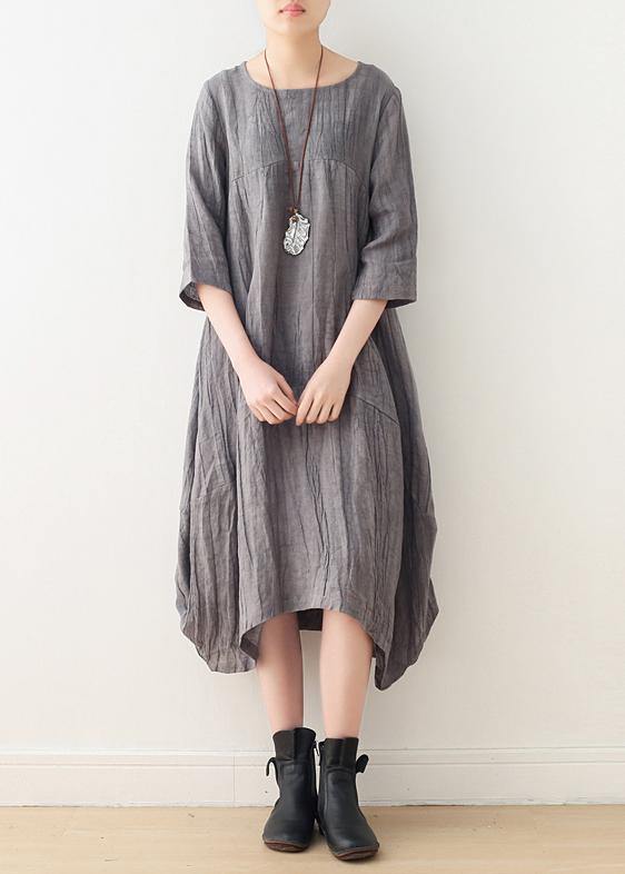 Style gray linen clothes For Women o neck asymmetric Plus Size Dress