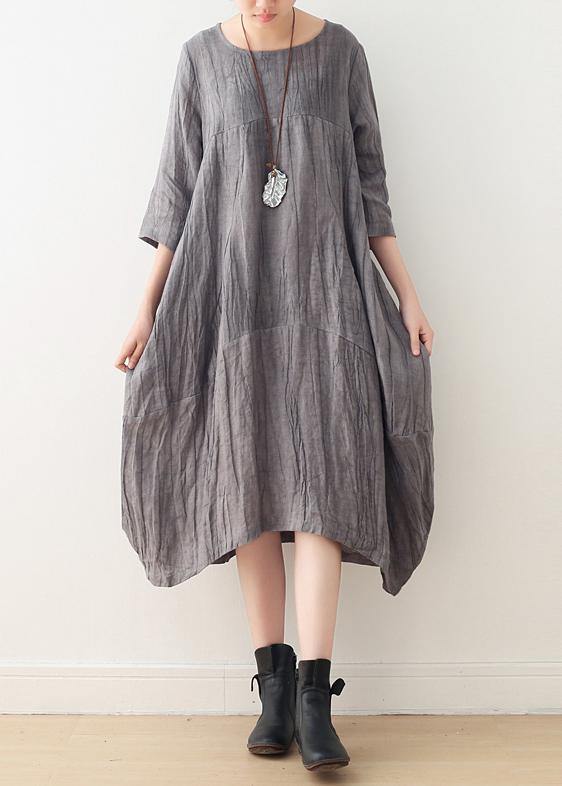 Style gray linen clothes For Women o neck asymmetric Plus Size Dress