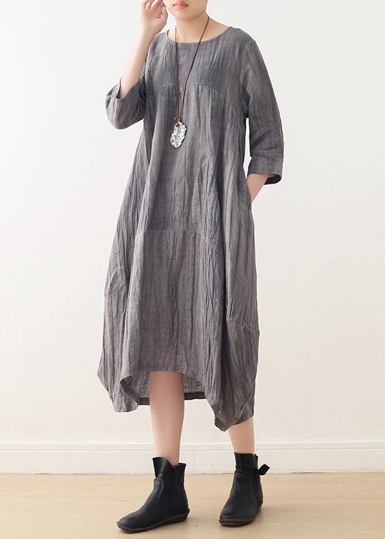 Style gray linen clothes For Women o neck asymmetric Plus Size Dress