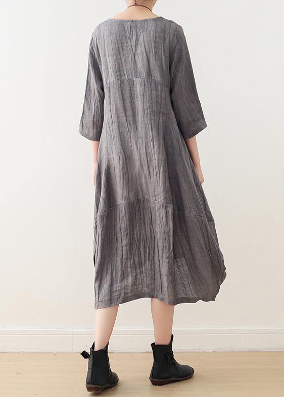 Style gray linen clothes For Women o neck asymmetric Plus Size Dress