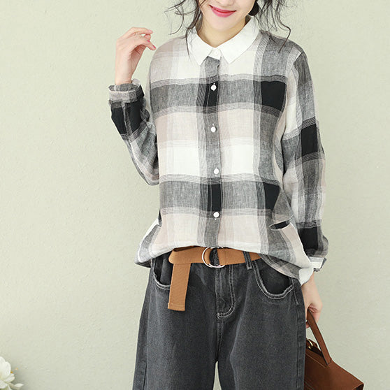 Style lapel linen for women Cotton black Plaid short blouses