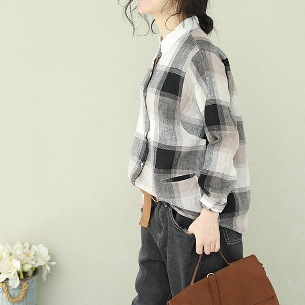 Style lapel linen for women Cotton black Plaid short blouses