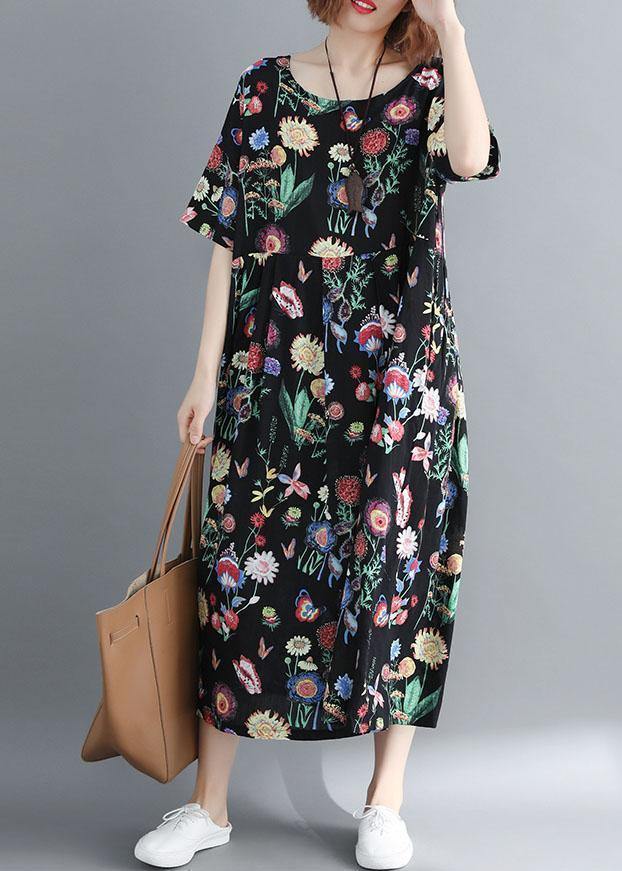 Style o neck linen summer quilting clothes Catwalk black print Dress