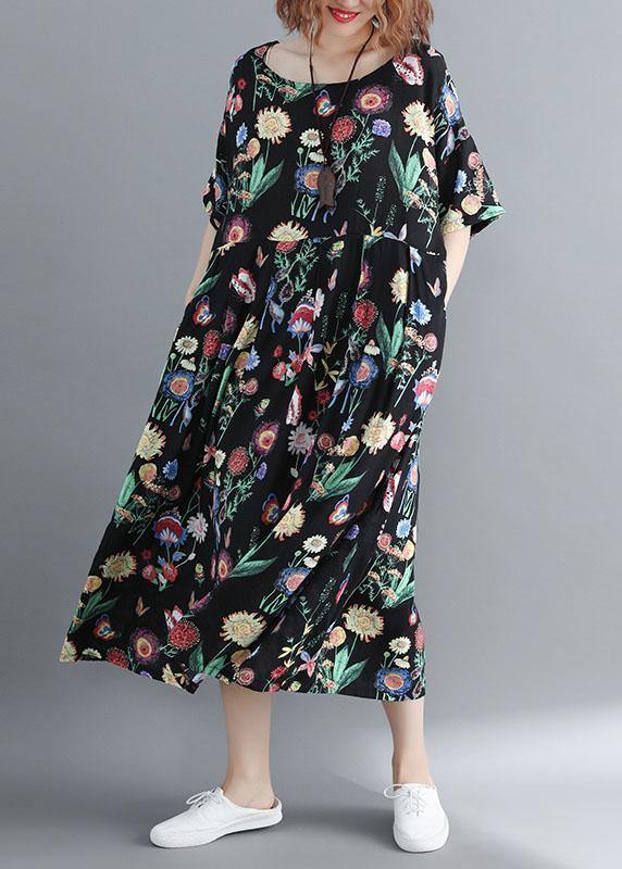 Style o neck linen summer quilting clothes Catwalk black print Dress