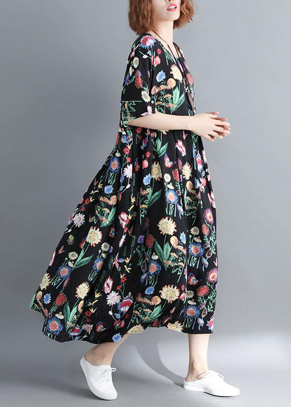 Style o neck linen summer quilting clothes Catwalk black print Dress