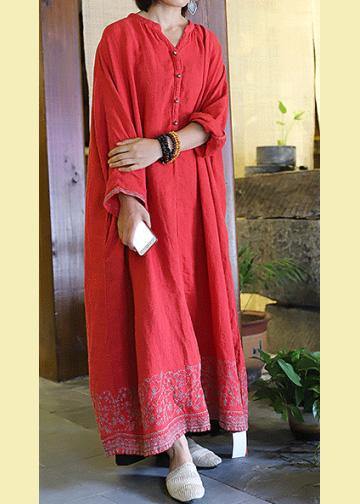 Style pockets baggy linen dresses Catwalk red embroidery Dress v neck