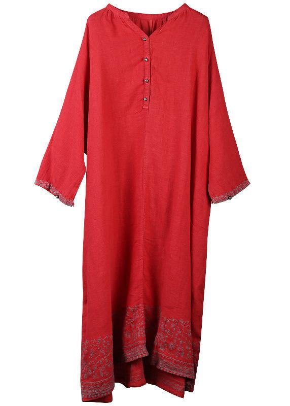 Style pockets baggy linen dresses Catwalk red embroidery Dress v neck