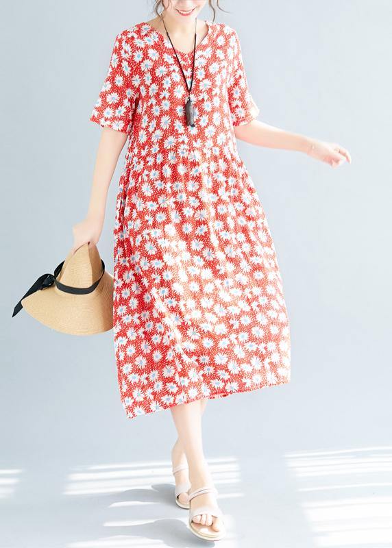 Style red floral chiffon clothes v neck loose summer Dresses