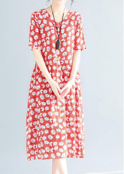 Style red floral chiffon clothes v neck loose summer Dresses