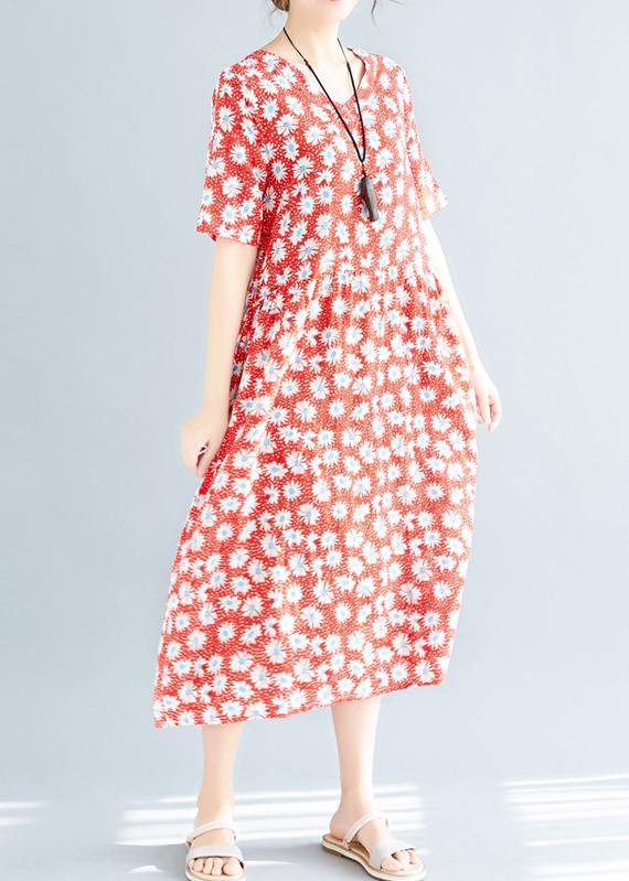 Style red floral chiffon clothes v neck loose summer Dresses