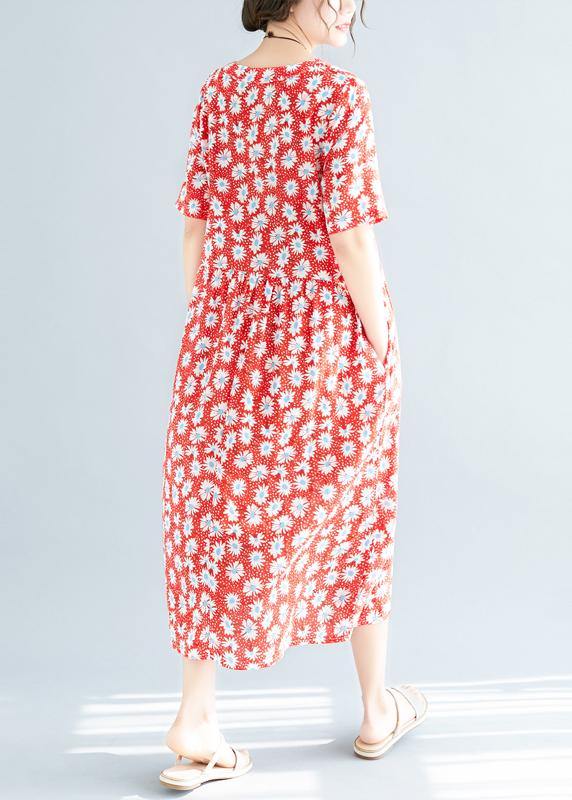 Style red floral chiffon clothes v neck loose summer Dresses