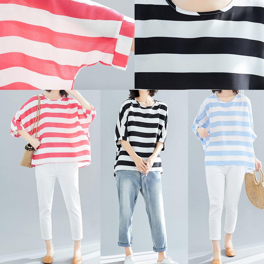 Style red striped chiffon clothes Vintage Wardrobes Batwing Sleeve Love Summer tops