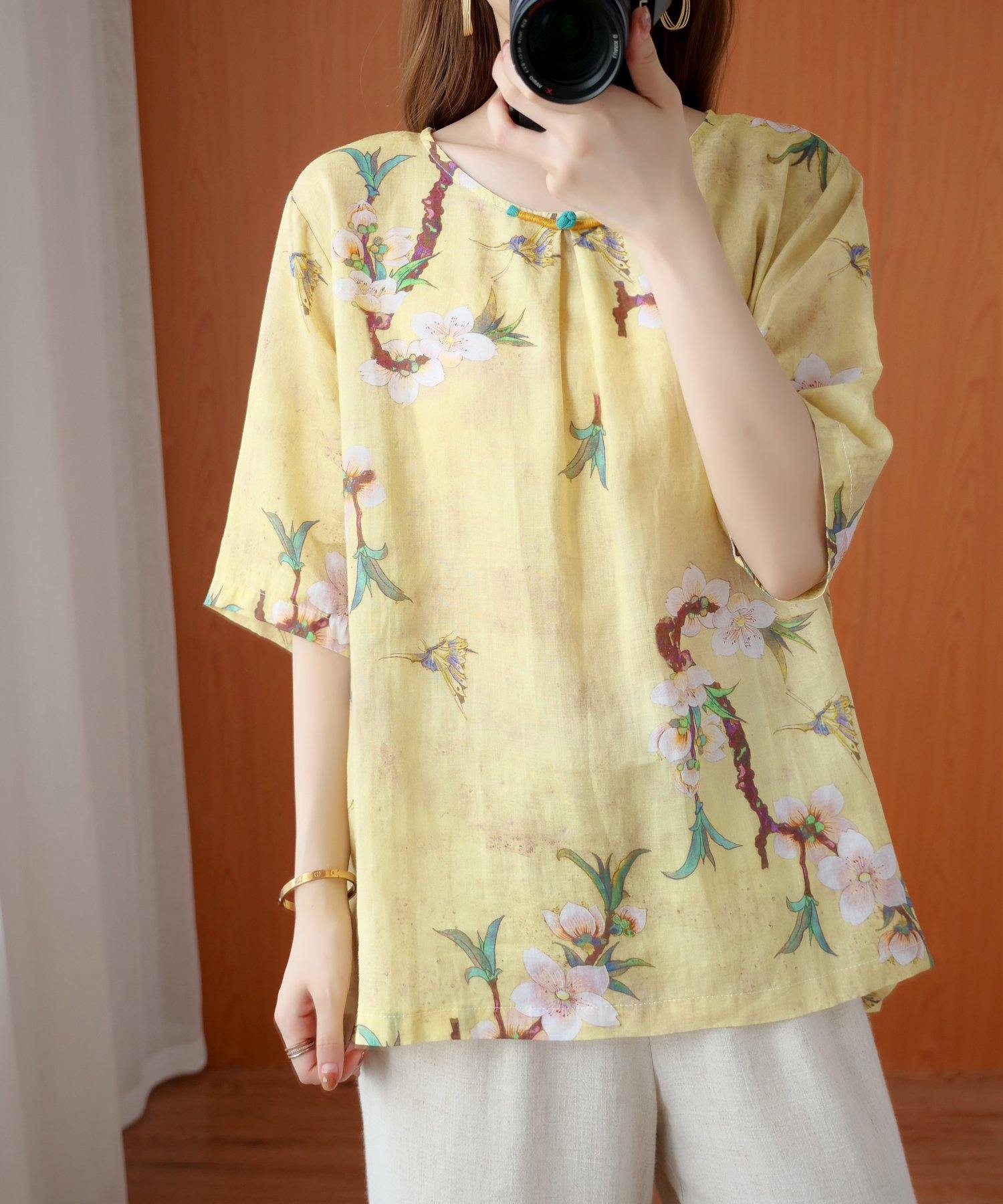 Style yellow print top silhouette o neck half sleeve Dresses blouse