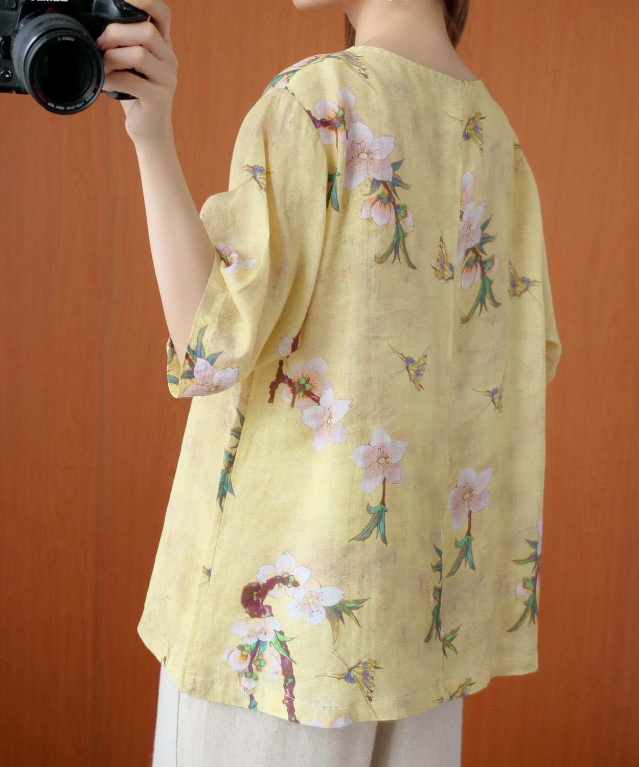 Style yellow print top silhouette o neck half sleeve Dresses blouse