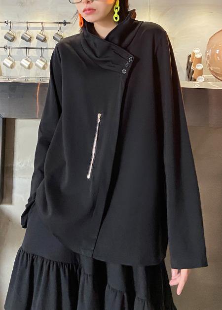 Style zippered Three-dimensional decoration tops women black baggy blouse