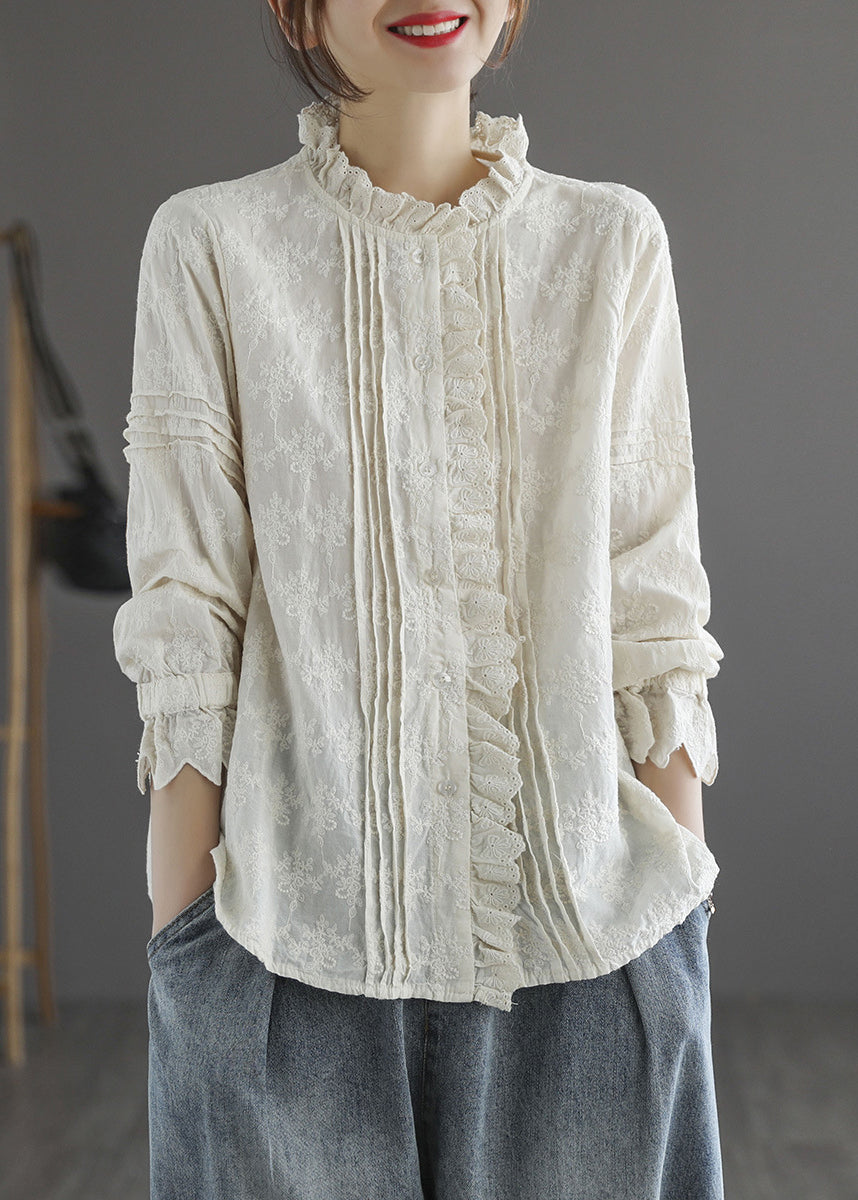 Stylish Apricot Ruffled Button Cotton Blouse Tops Long Sleeve