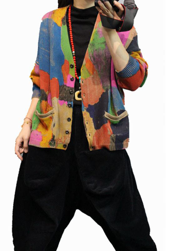 Stylish Apricot V Neck Button Pockets Print Fall Knit Coat