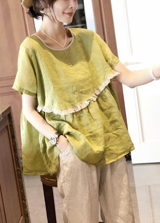 Stylish Avocado Green Ruffled Patchwork Cotton Tops Short Sleeve