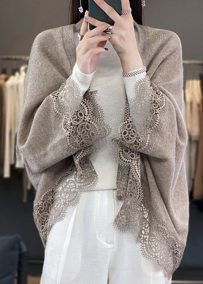 Stylish Beige Hollow Out Lace Patchwork Woolen Cardigans Spring