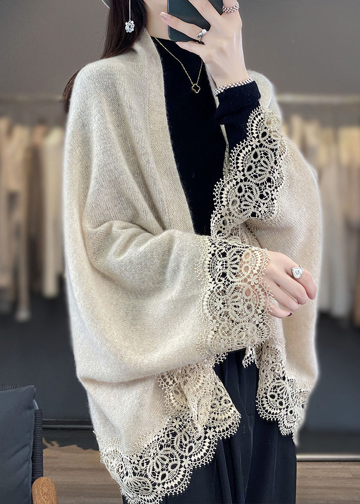 Stylish Beige Hollow Out Lace Patchwork Woolen Cardigans Spring