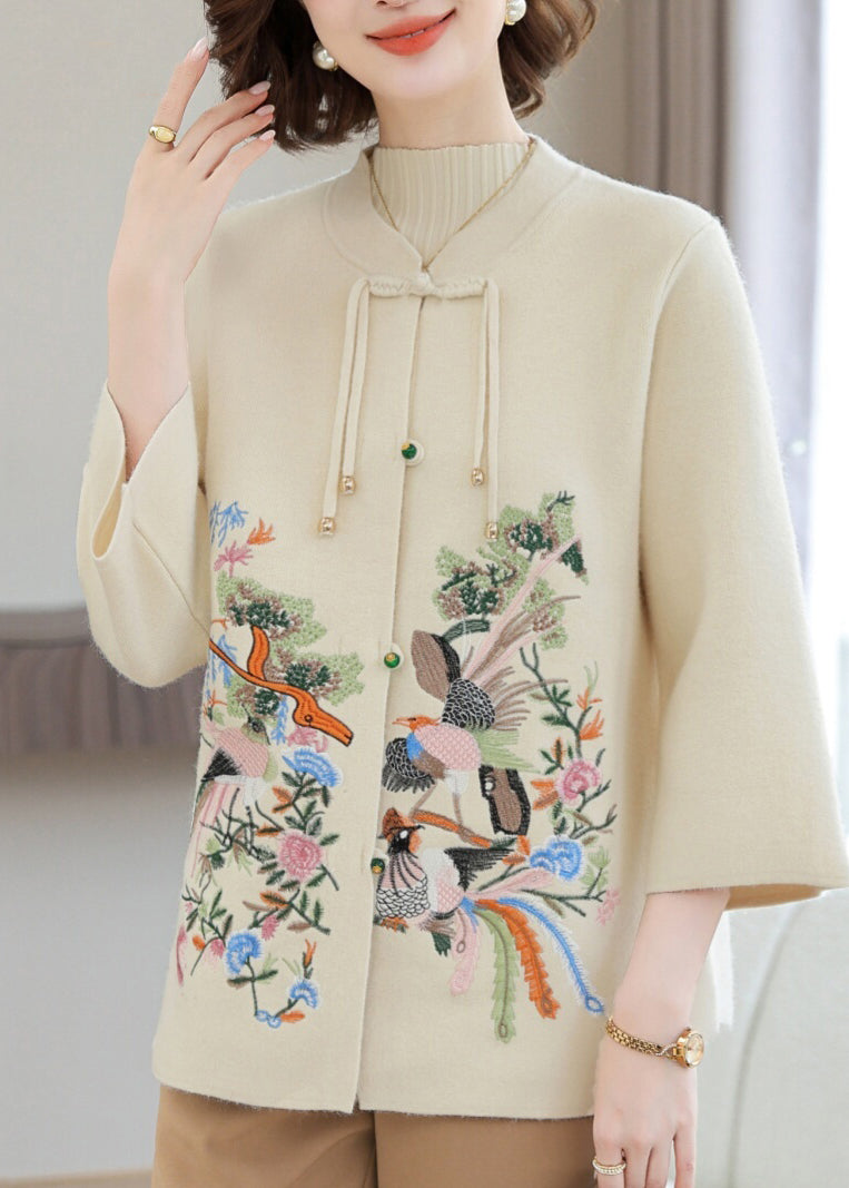 Stylish Beige O-Neck Patchwork Wool Knit Cardigans Spring