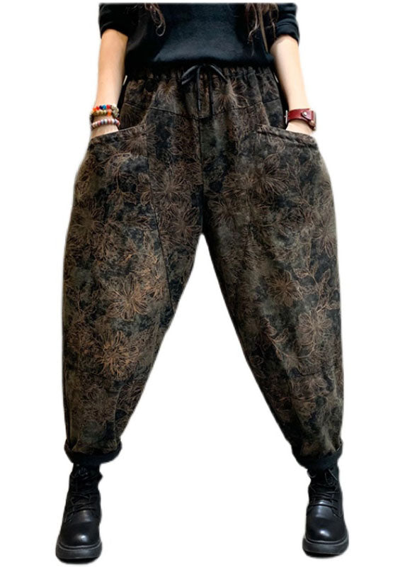 Stylish Black Cinched Print Loose denim Pants Trousers Winter