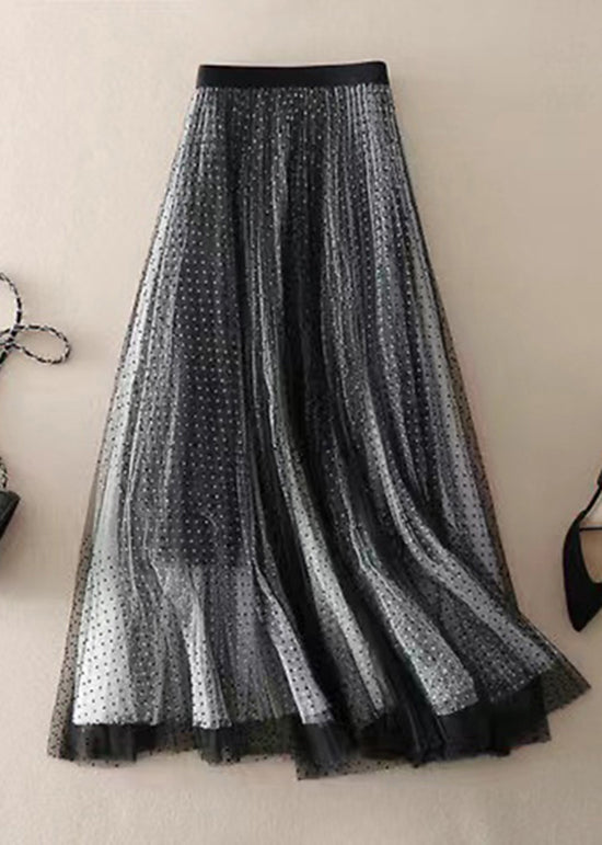 Stylish Black Dot Print Wrinkled Tulle Skirt Summer