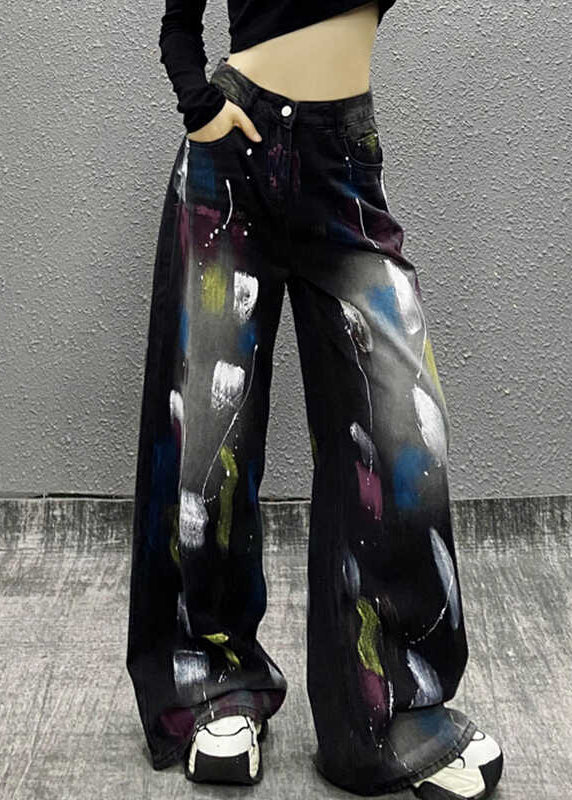 Stylish Black Graffiti High Waist Denim Wide Leg Pants Spring