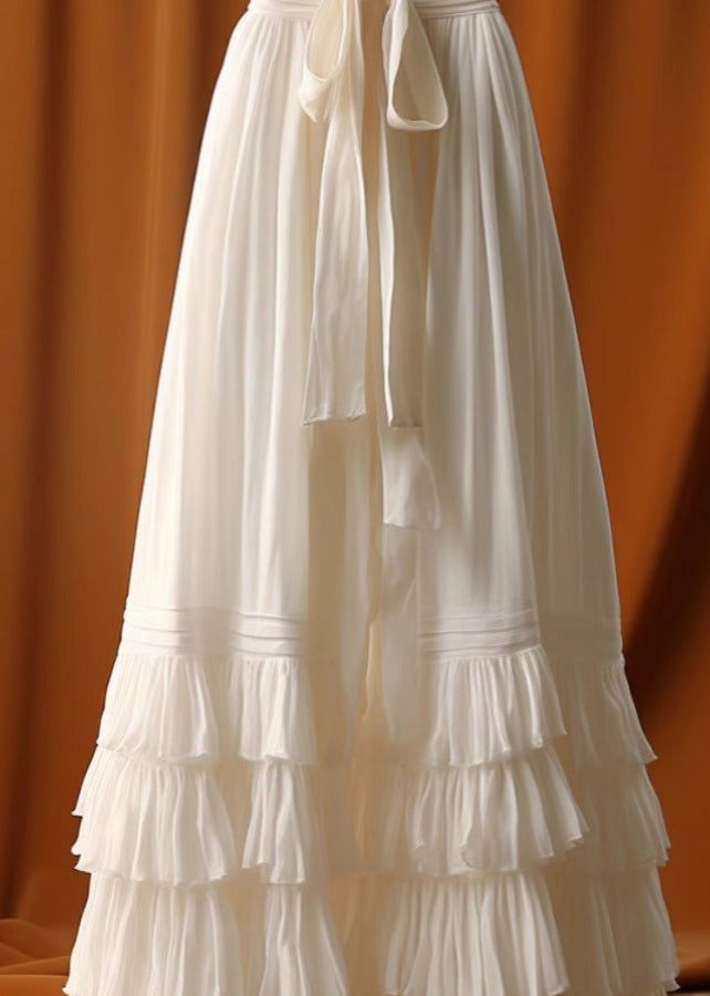 Stylish White Layered Ruffled Lace Up Patchwork Tulle Skirt Summer